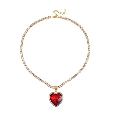 Red Glass and Austrian Crystal Heart Necklace 20-22 Inches in Goldtone