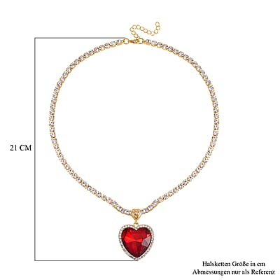 Red Glass and Austrian Crystal Heart Necklace 20-22 Inches in Goldtone