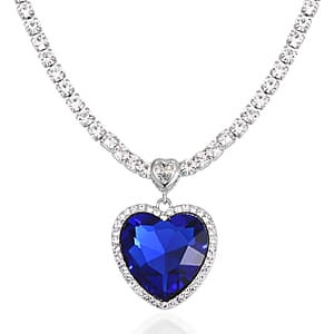 Sapphire Blue Glass and Austrian Crystal Heart Necklace 20-22 Inches in Silvertone