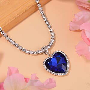 Sapphire Blue Glass and Austrian Crystal Heart Necklace 20-22 Inches in Silvertone