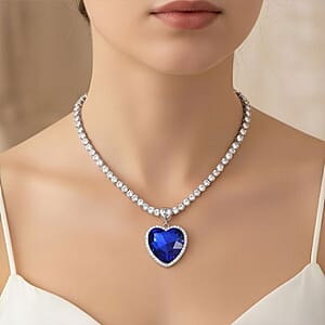 Sapphire Blue Glass and Austrian Crystal Heart Necklace 20-22 Inches in Silvertone