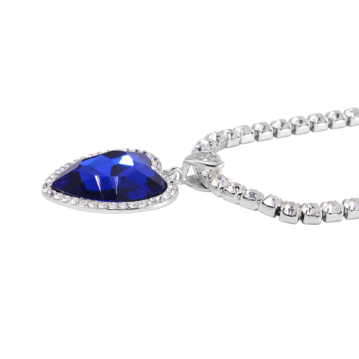Sapphire Blue Glass and Austrian Crystal Heart Necklace 20-22 Inches in Silvertone image number 3