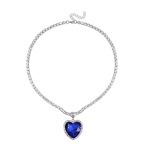 Sapphire Blue Glass and Austrian Crystal Heart Necklace 20-22 Inches in Silvertone