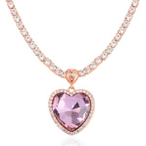 Pink Glass and Austrian Crystal Heart Necklace 20-22 Inches in Rosetone
