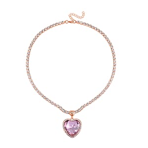 Pink Glass and Austrian Crystal Heart Necklace 20-22 Inches in Rosetone
