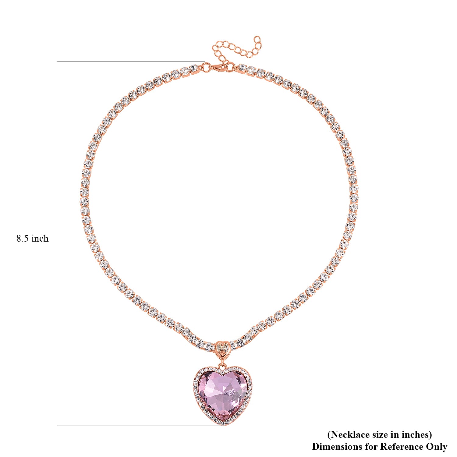 Pink Glass and Austrian Crystal Heart Necklace 20-22 Inches in Rosetone