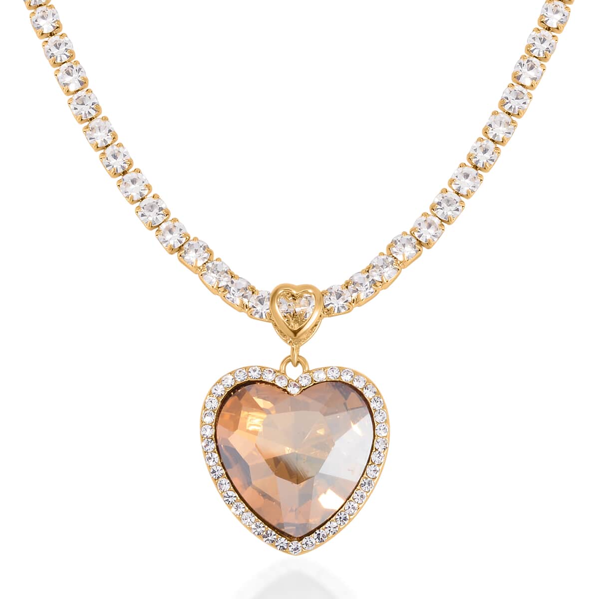 Champagne Glass and Austrian Crystal Heart Necklace 20-22 Inches in Goldtone image number 0