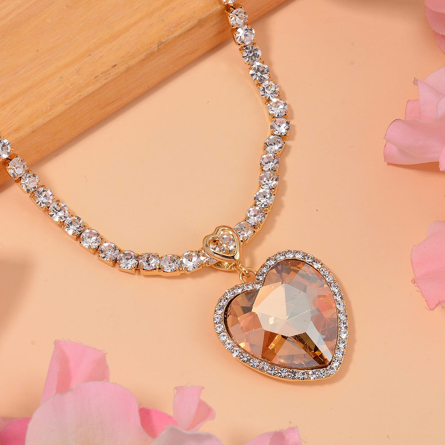 TLV Red Glass, Austrian Crystal Heart Necklace (20-22 Inches) in Goldtone
