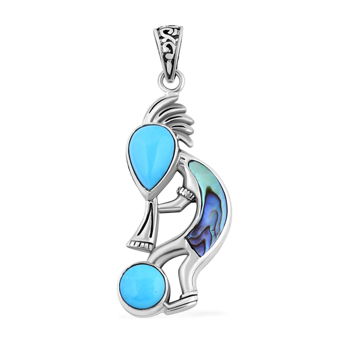 Bali Legacy Sleeping Beauty Turquoise and Abalone Shell Kokopelli Pendant in Sterling Silver 4.40 ctw image number 0