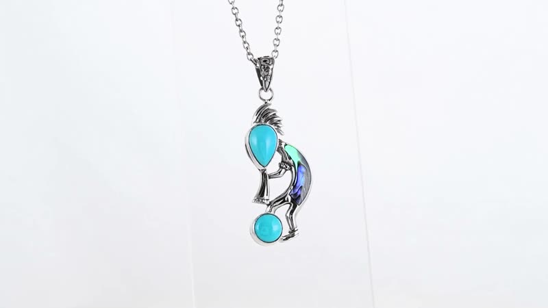 Bali Legacy Sleeping Beauty Turquoise and Abalone Shell Kokopelli Pendant without Chain in Sterling Silver 4.40 ctw