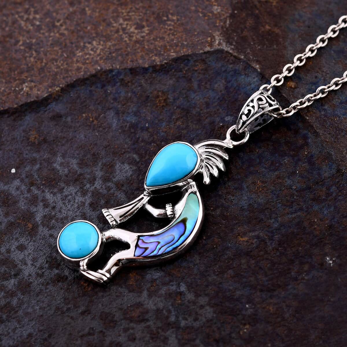 Bali Legacy Sleeping Beauty Turquoise and Abalone Shell Kokopelli Pendant in Sterling Silver 4.40 ctw image number 1