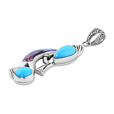 Bali Legacy Sleeping Beauty Turquoise and Abalone Shell Kokopelli Pendant without Chain in Sterling Silver 4.40 ctw
