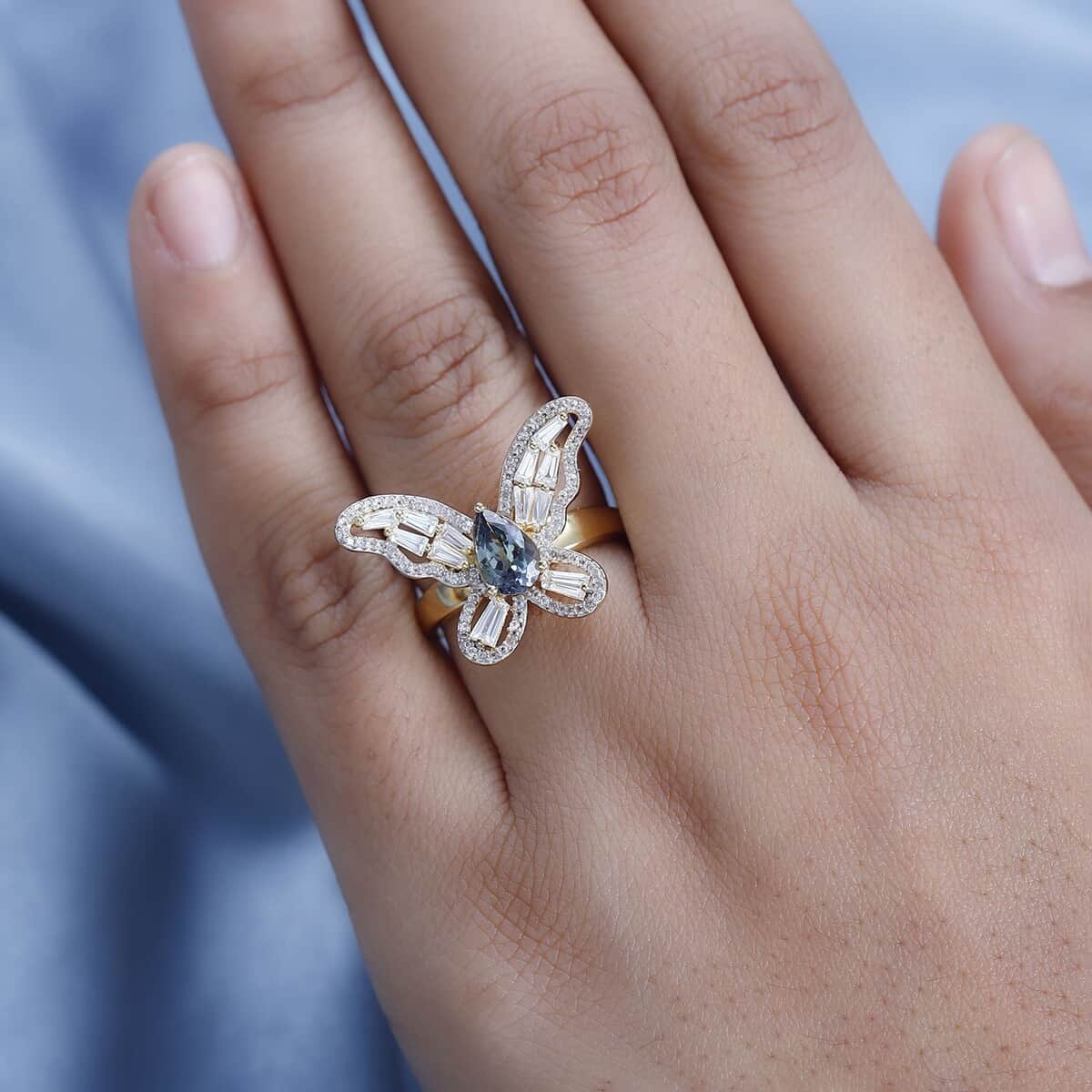 GP Trionfo Collection Green Tanzanite and White Zircon 2.50 ctw Butterfly Ring in Vermeil Yellow Gold Over Sterling Silver (Size 7.0) image number 2