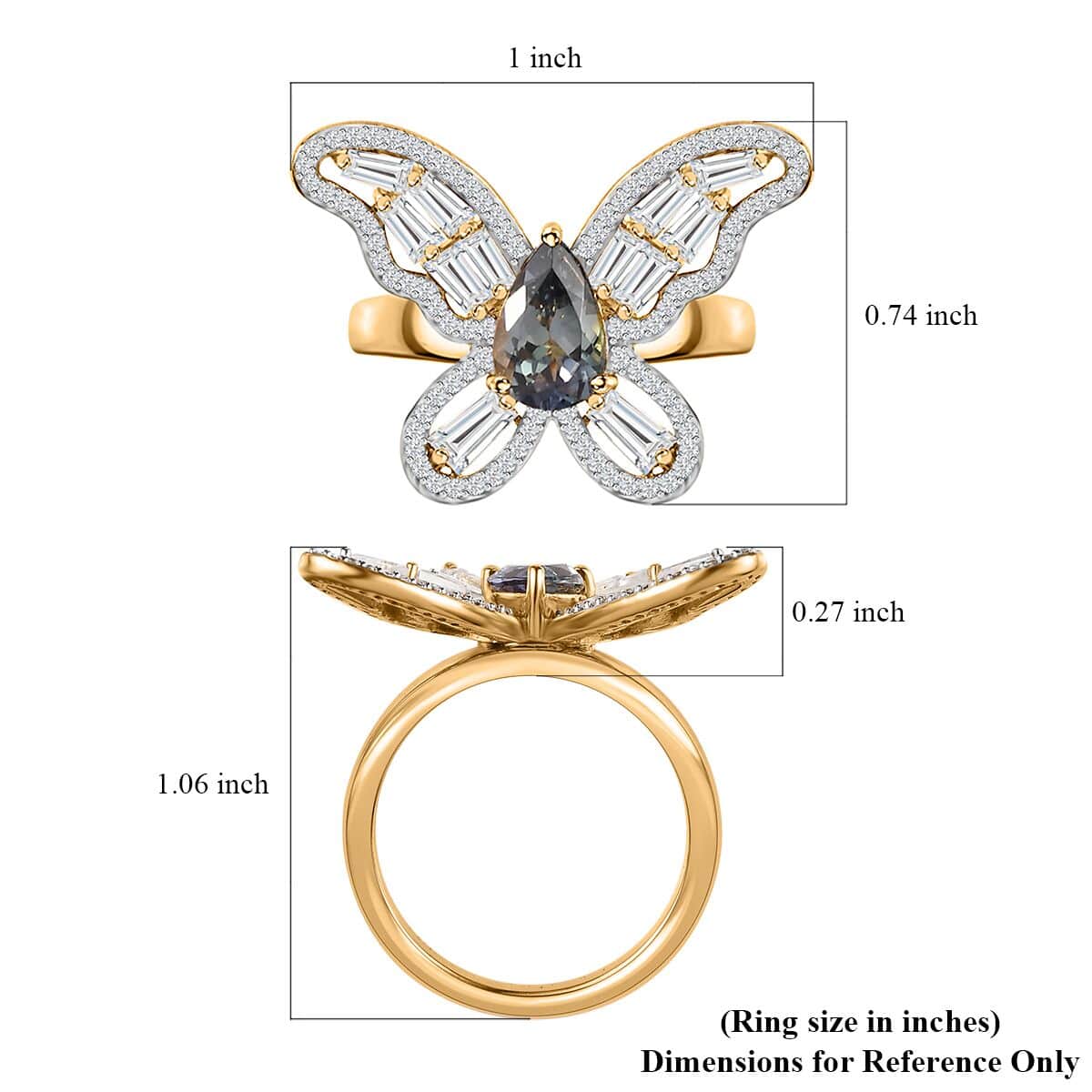 GP Trionfo Collection Green Tanzanite and White Zircon 2.50 ctw Butterfly Ring in Vermeil Yellow Gold Over Sterling Silver (Size 7.0) image number 5