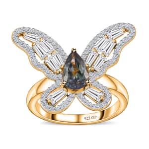 GP Trionfo Collection Green Tanzanite and White Zircon 2.50 ctw Butterfly Ring in Vermeil Yellow Gold Over Sterling Silver (Size 9.0)