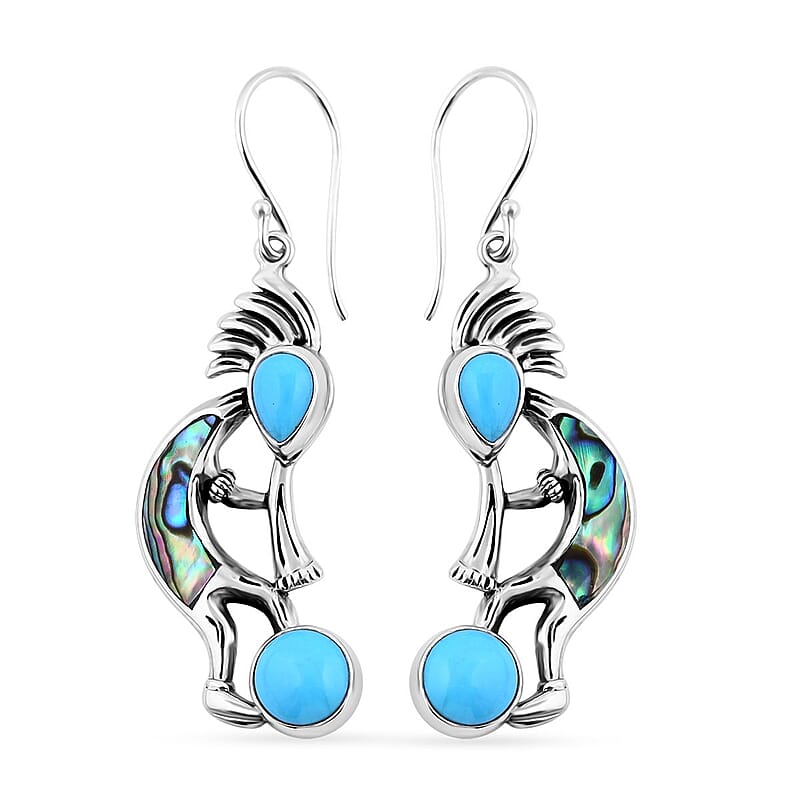 Bali Legacy Sleeping Beauty Turquoise and Abalone Shell 3.65 ctw Kokopelli Earrings in Sterling Silver