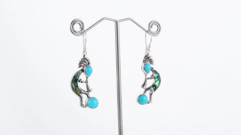 Bali Legacy Sleeping Beauty Turquoise and Abalone Shell 3.65 ctw Kokopelli Earrings in Sterling Silver