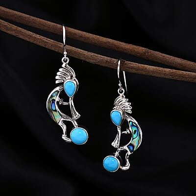 Bali Legacy Sleeping Beauty Turquoise and Abalone Shell 3.65 ctw Kokopelli Earrings in Sterling Silver