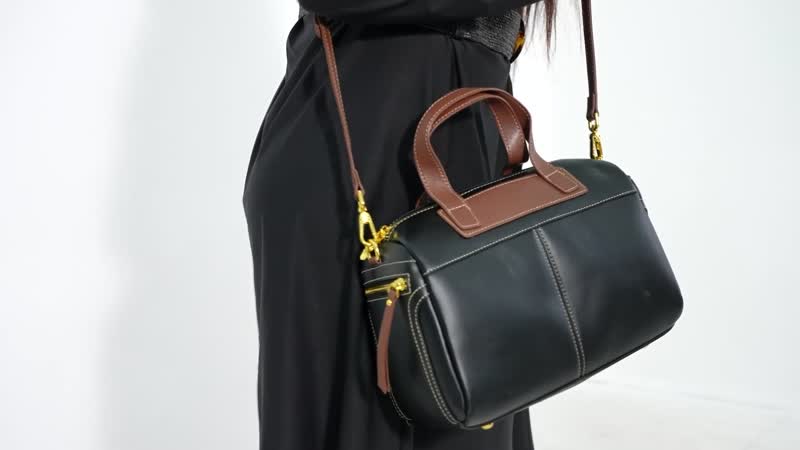 Black Genuine Leather Crossbody Bag (11.4"x5.9"x9") with 2pc Long Shoulder Strap