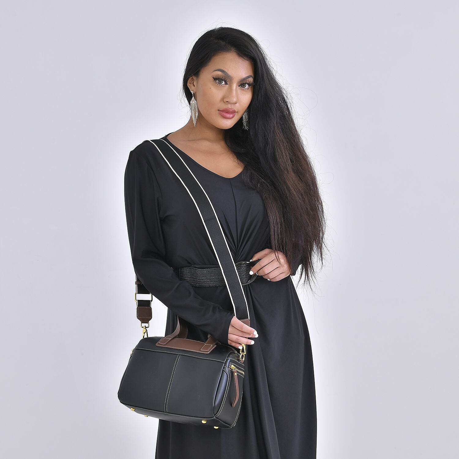 Black Genuine Leather Crossbody Bag with 2pc Long Shoulder Strap