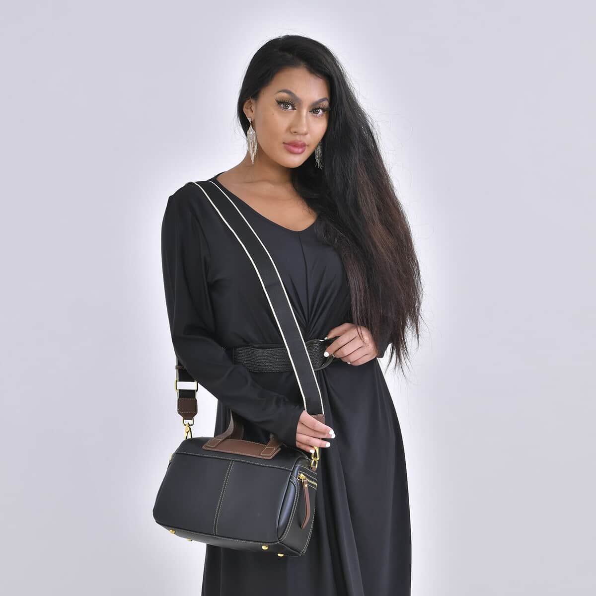Black Genuine Leather Crossbody Bag (11.4"x5.9"x9") with 2pc Long Shoulder Strap image number 2