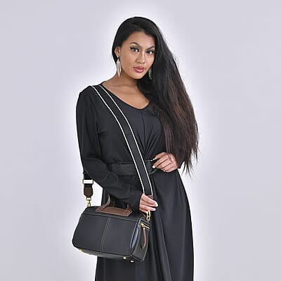 Black Genuine Leather Crossbody Bag with 2pc Long Shoulder Strap