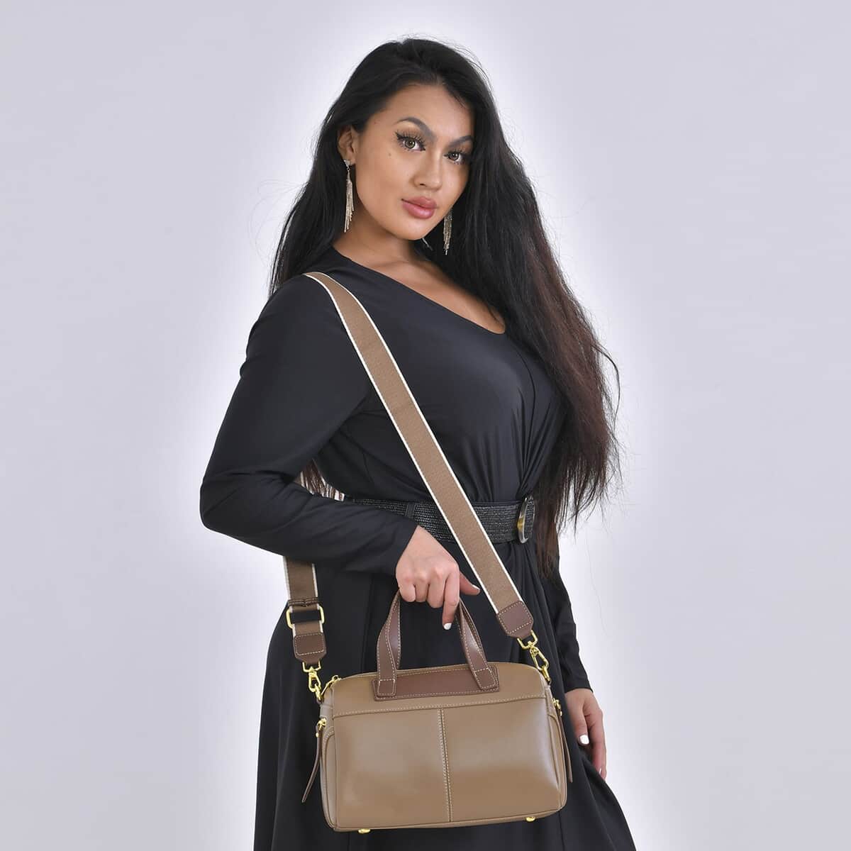 Khaki Genuine Leather Crossbody Bag with 2pc Long Shoulder Strap image number 2