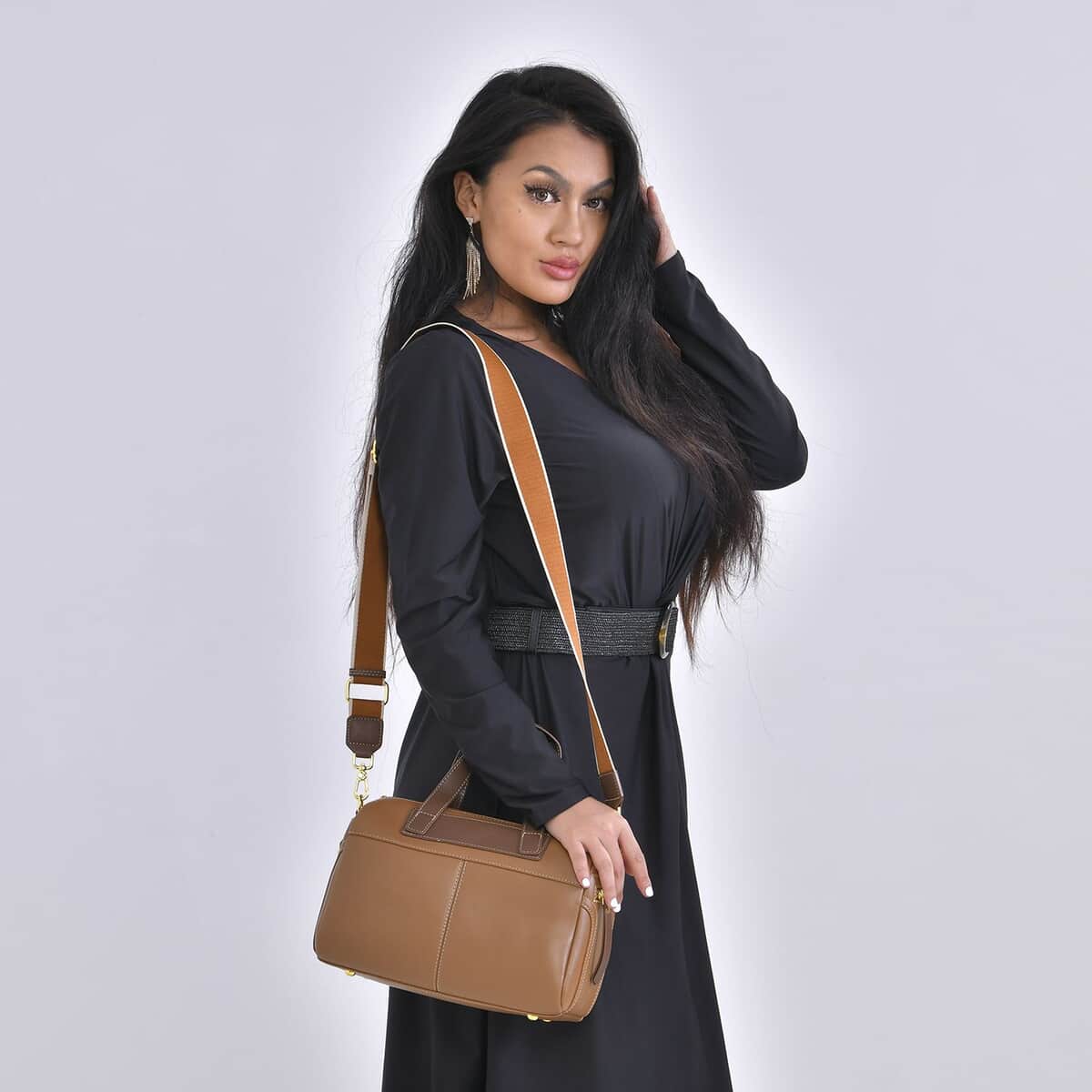 Tan Genuine Leather Crossbody Bag with 2pc Long Shoulder Strap image number 2