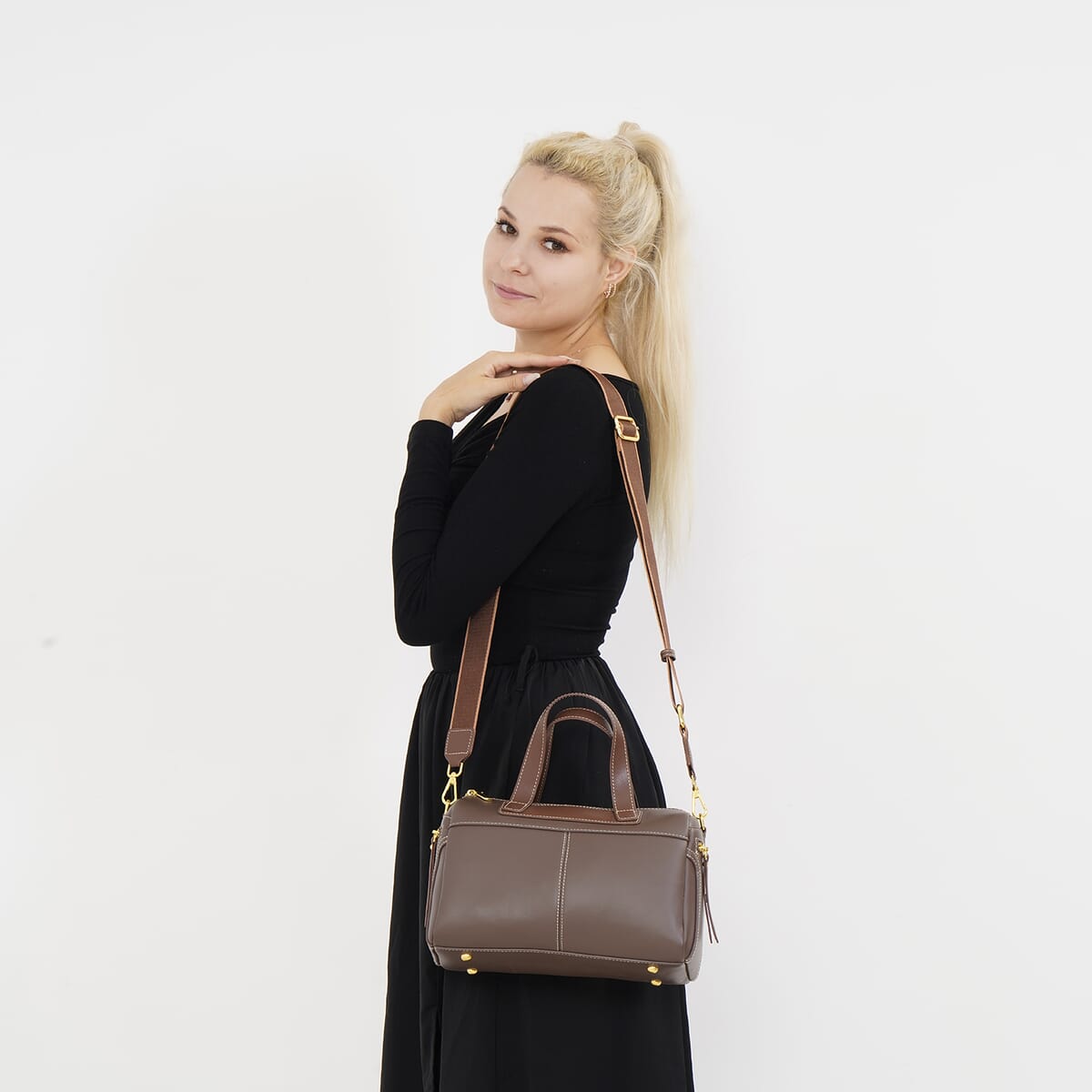 Brown Genuine Leather Crossbody Bag with 2pc Long Shoulder Strap image number 1