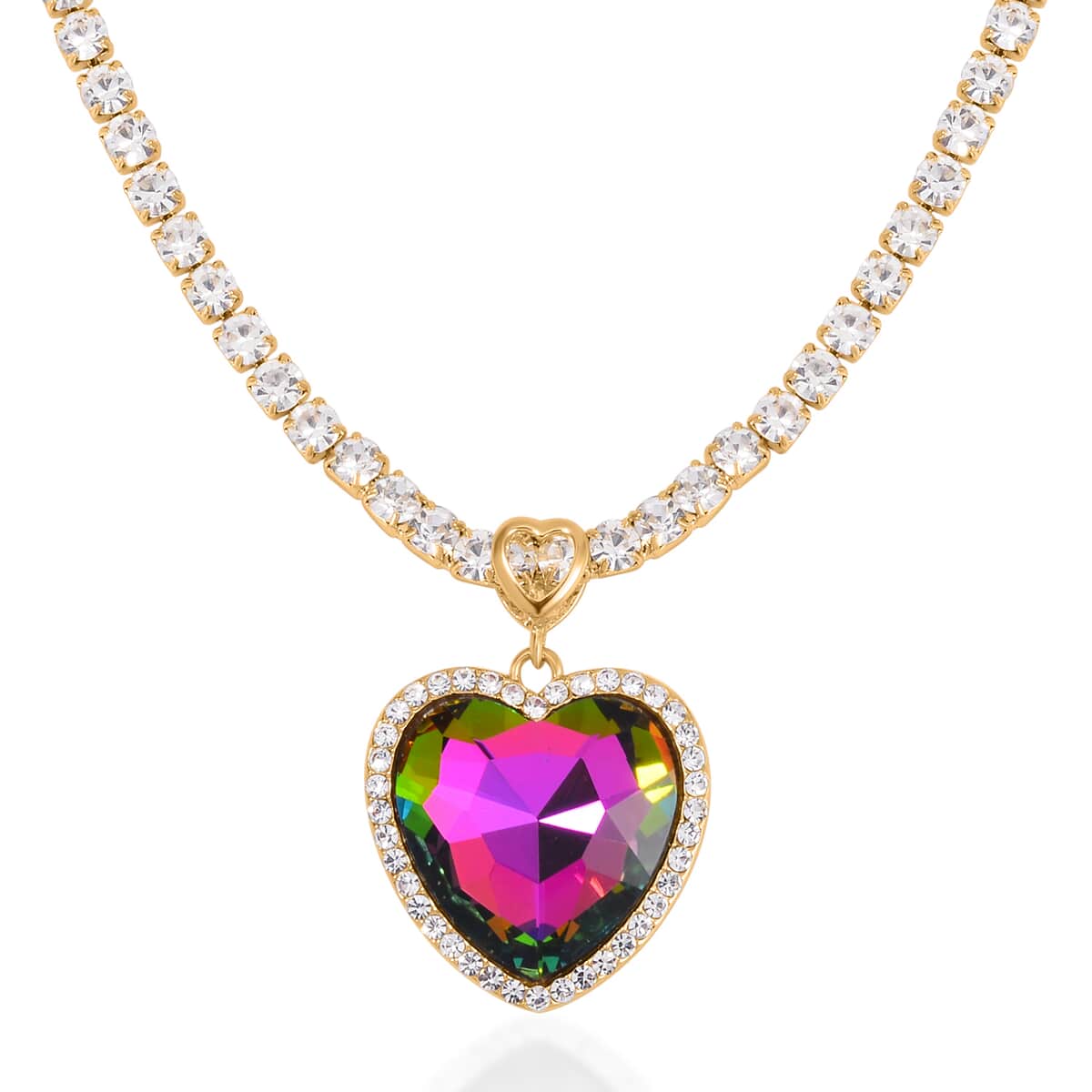 Magic Color Glass and Austrian Crystal Heart Necklace 20-22 Inches in Goldtone image number 0