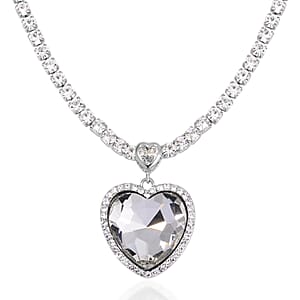 White Glass and Austrian Crystal Heart Necklace 20-22 Inches in Silvertone