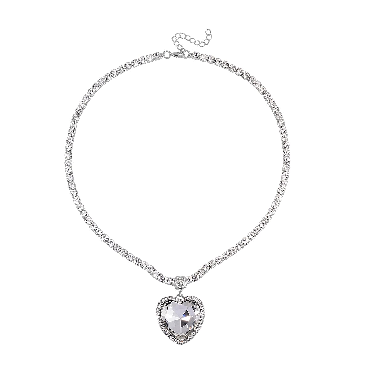 White Glass and Austrian Crystal Heart Necklace 20-22 Inches in Silvertone image number 2
