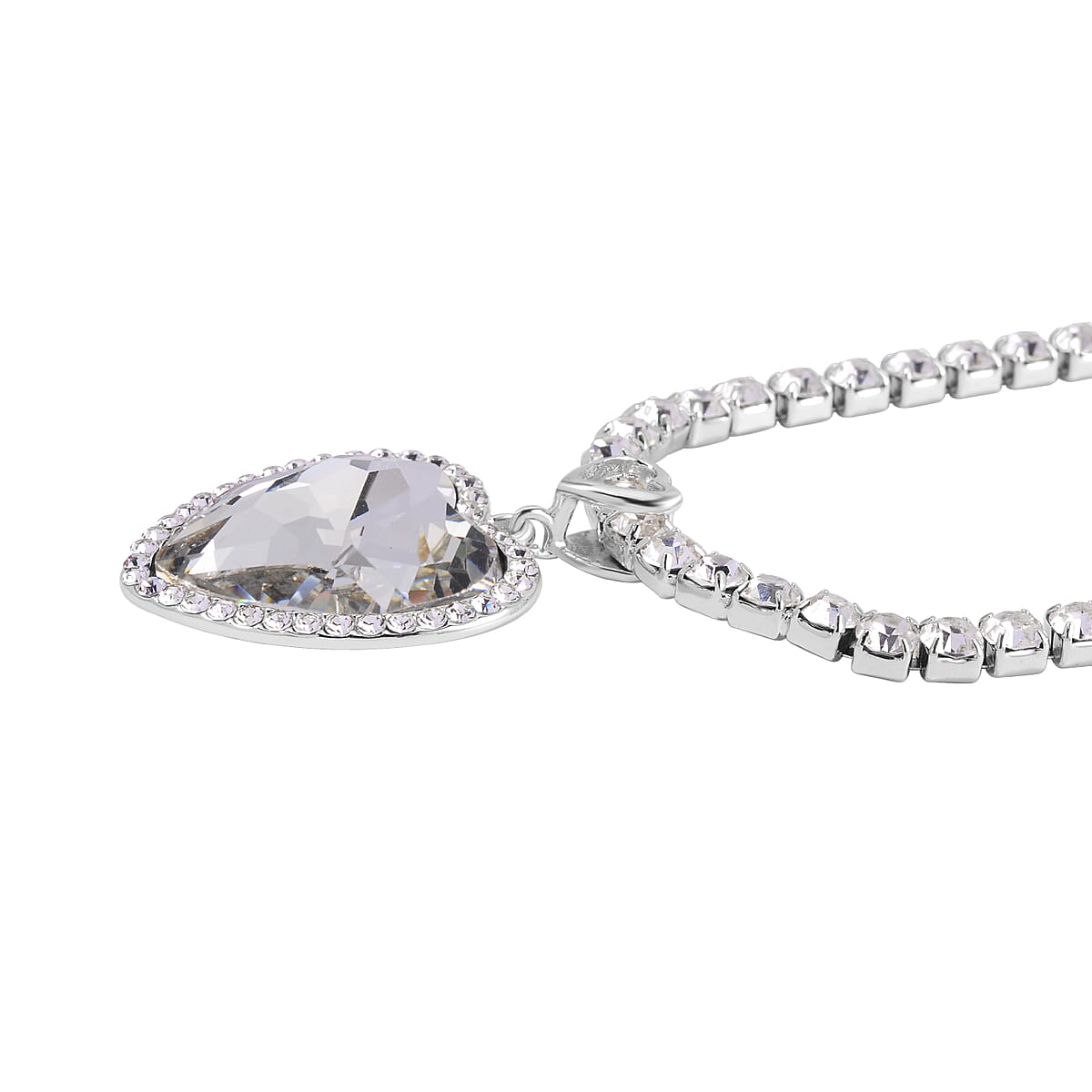 White Glass and Austrian Crystal Heart Necklace 20-22 Inches in Silvertone image number 3