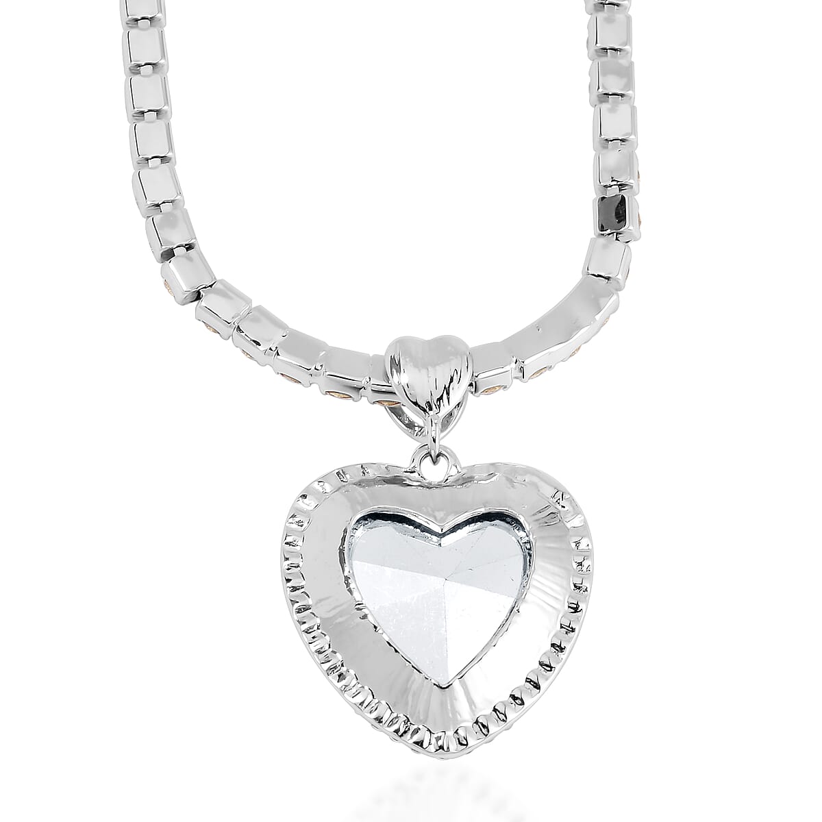 White Glass and Austrian Crystal Heart Necklace 20-22 Inches in Silvertone image number 4