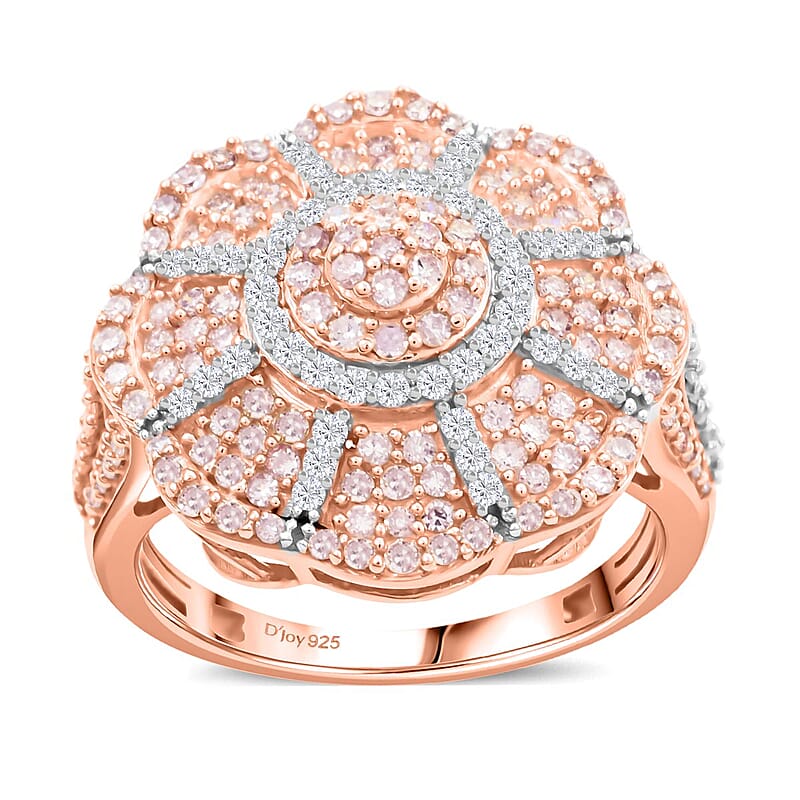 Natural Pink and White Diamond Floral Ring in Vermeil Rose Over Sterling Silver (Size 10.0) 1.00 ctw