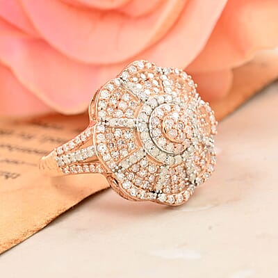 Natural Pink and White Diamond Floral Ring in Vermeil Rose Over Sterling Silver (Size 10.0) 1.00 ctw