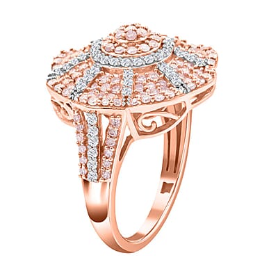 Natural Pink and White Diamond Floral Ring in Vermeil Rose Over Sterling Silver (Size 10.0) 1.00 ctw