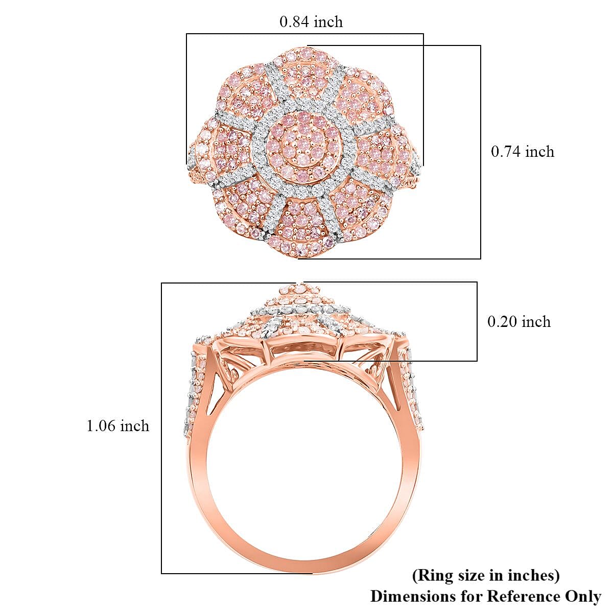 Natural Pink and White Diamond Floral Ring in Vermeil Rose Over Sterling Silver (Size 10.0) 1.00 ctw