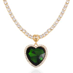 Chrome Green Glass and Austrian Crystal Heart Necklace 20-22 Inches in Goldtone