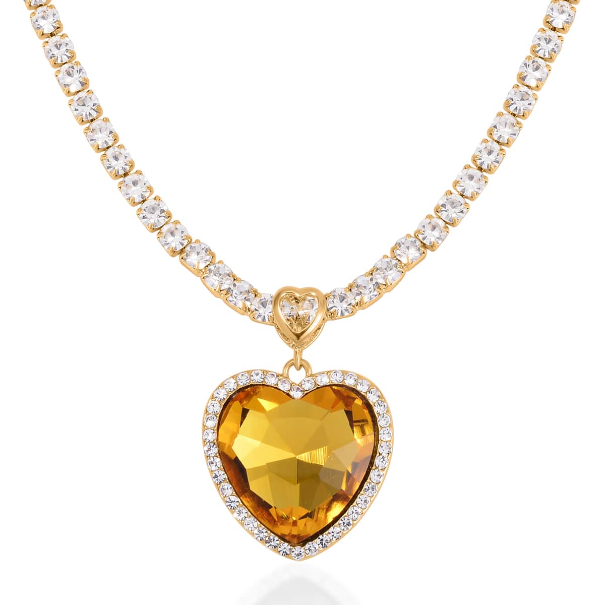 Yellow Glass and Austrian Crystal Heart Necklace 20-22 Inches in Goldtone image number 0