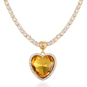 Yellow Glass and Austrian Crystal Heart Necklace 20-22 Inches in Goldtone