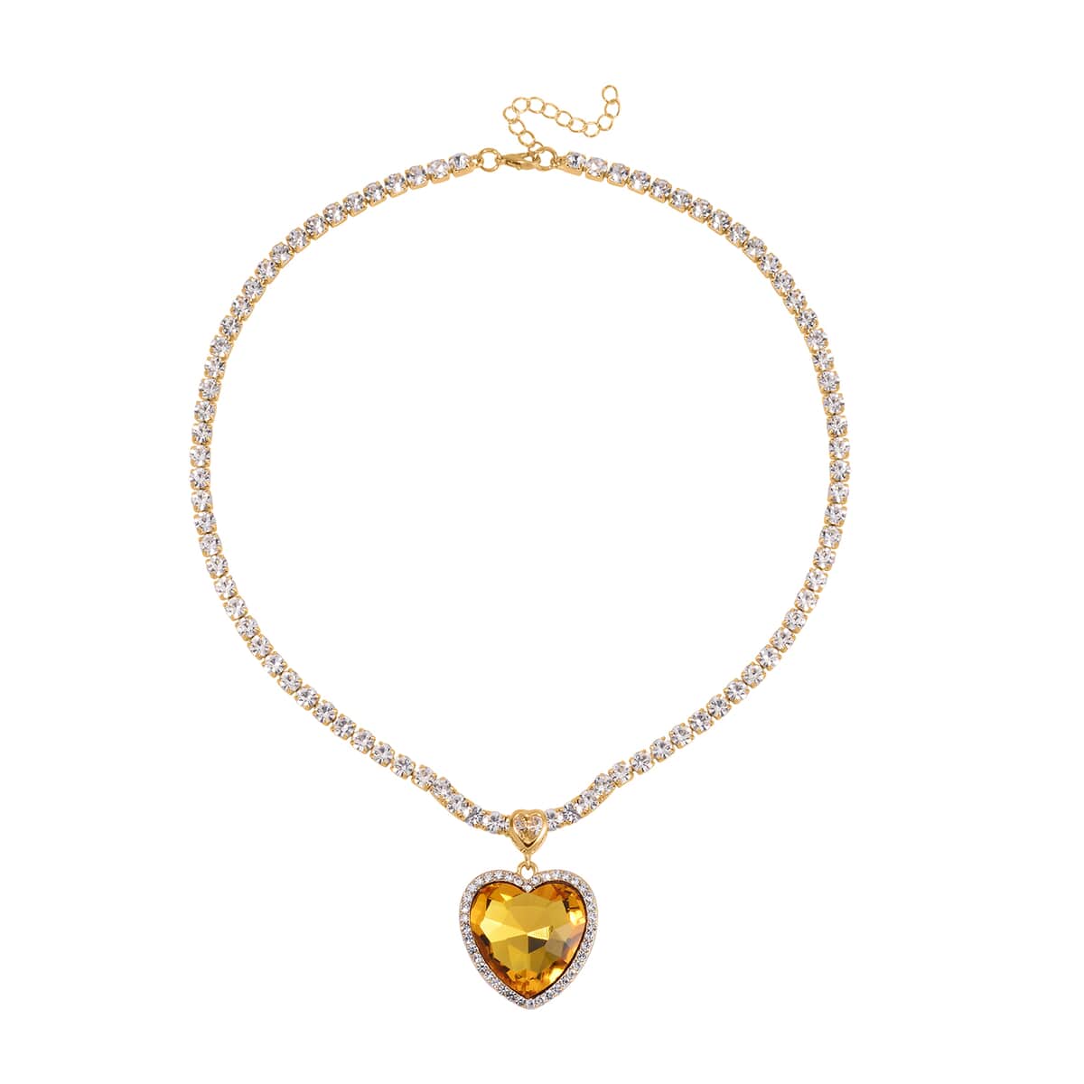 Yellow Glass and Austrian Crystal Heart Necklace 20-22 Inches in Goldtone image number 2