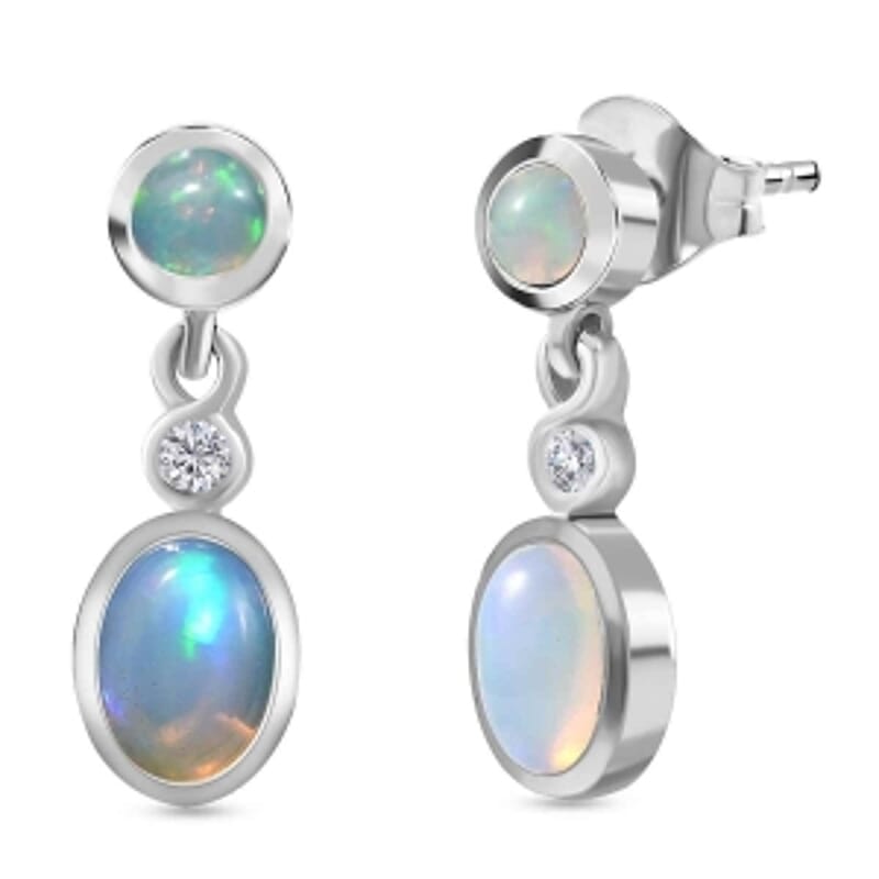 Ethiopian Welo Opal and White Zircon Dangling 1.54 ctw Earrings in Rhodium Over Sterling Silver