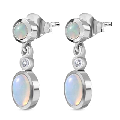 Ethiopian Welo Opal and White Zircon Dangling 1.54 ctw Earrings in Rhodium Over Sterling Silver