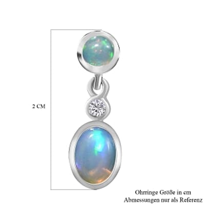 Ethiopian Welo Opal and White Zircon Dangling 1.54 ctw Earrings in Rhodium Over Sterling Silver