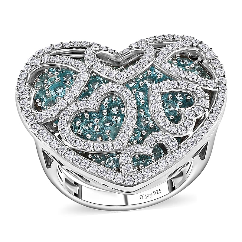Madagascar Paraiba Apatite and Moissanite Heart Ring in Platinum Over Sterling Silver (Size 10.0) 5.00 ctw