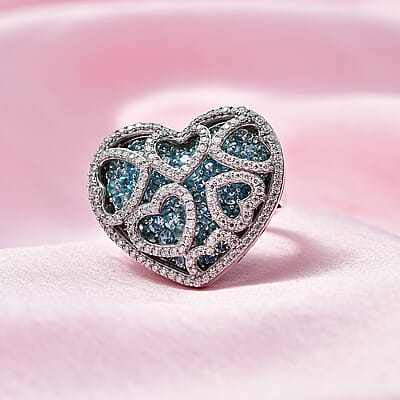 Madagascar Paraiba Apatite and Moissanite Heart Ring in Platinum Over Sterling Silver (Size 10.0) 5.00 ctw