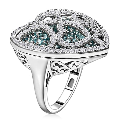 Madagascar Paraiba Apatite and Moissanite Heart Ring in Platinum Over Sterling Silver (Size 10.0) 5.00 ctw