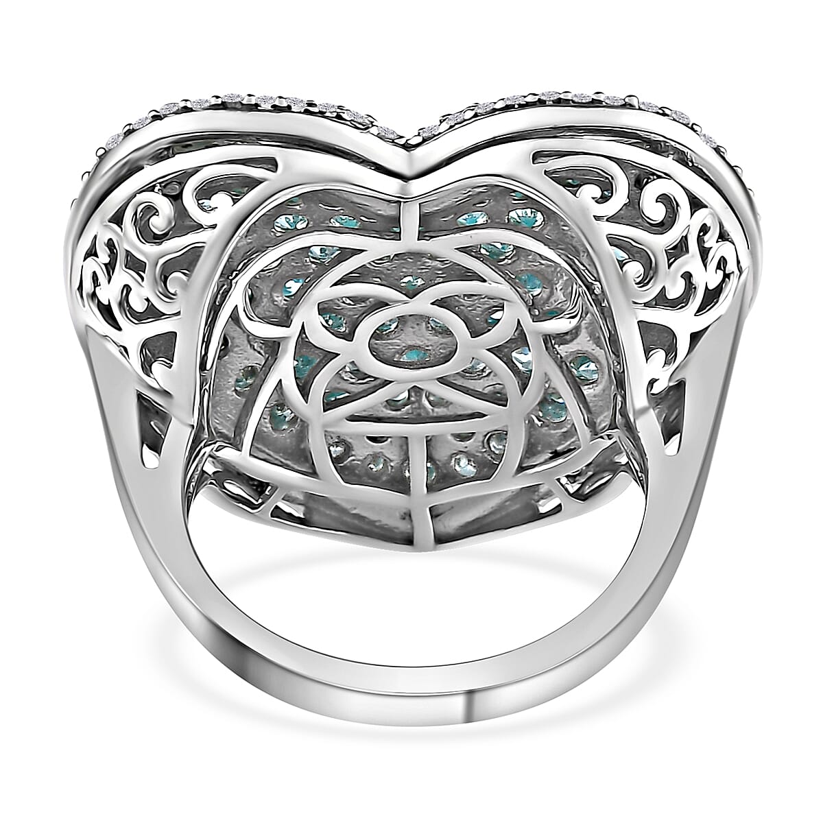 Madagascar Paraiba Apatite and Moissanite Heart Ring in Platinum Over Sterling Silver (Size 10.0) 5.00 ctw