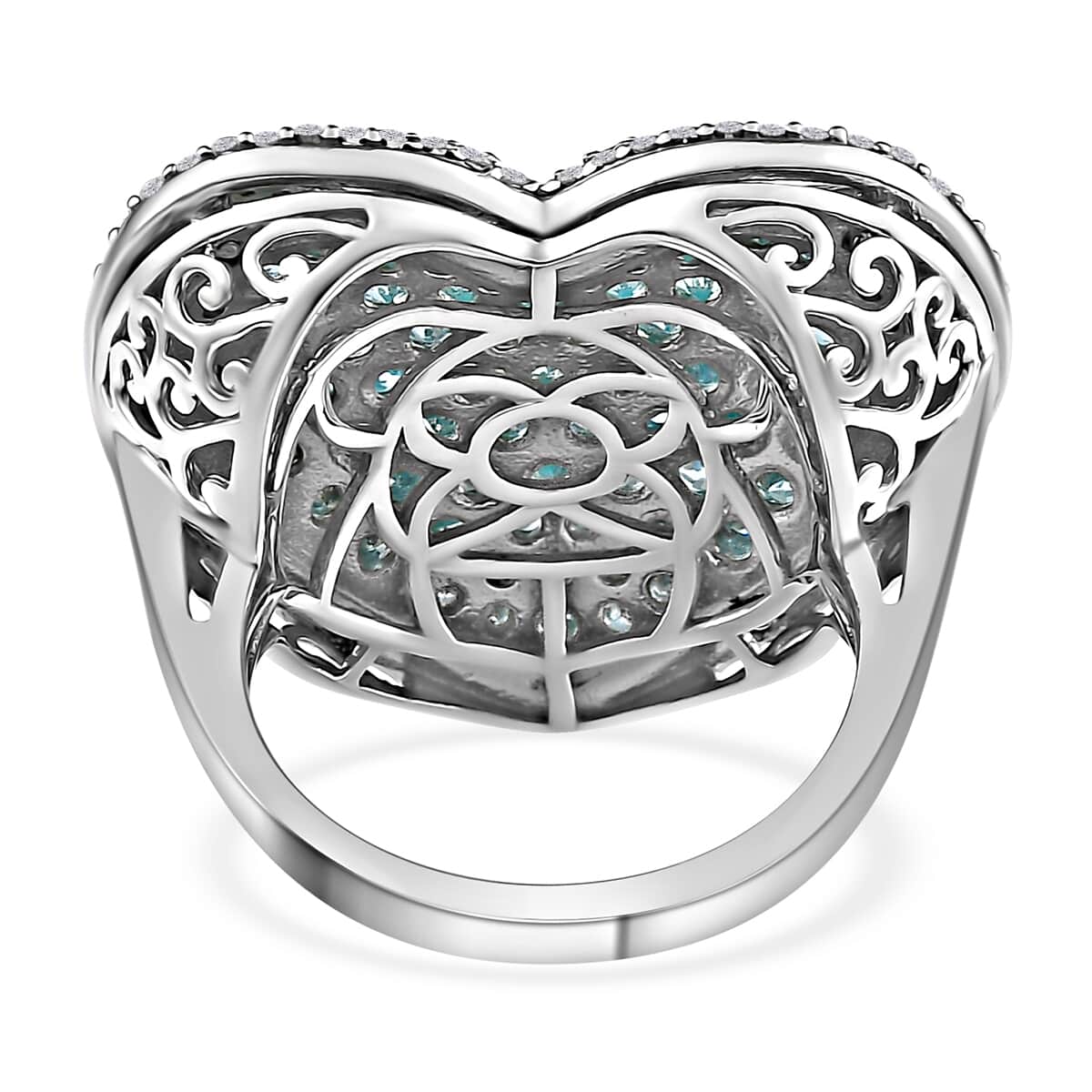 Madagascar Paraiba Apatite and Moissanite Heart Ring in Platinum Over Sterling Silver (Size 10.0) 5.00 ctw image number 4